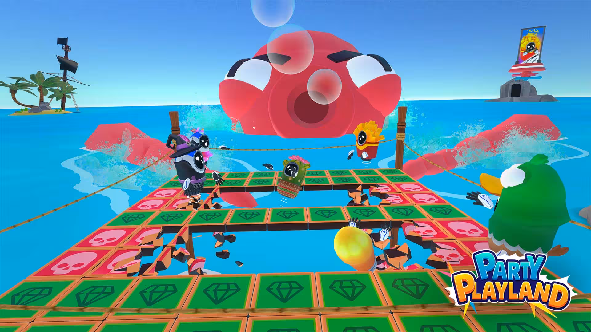 Arena 40 ocean challenge as tiles collapse under giant red octopus, with players dodging hazards on raft