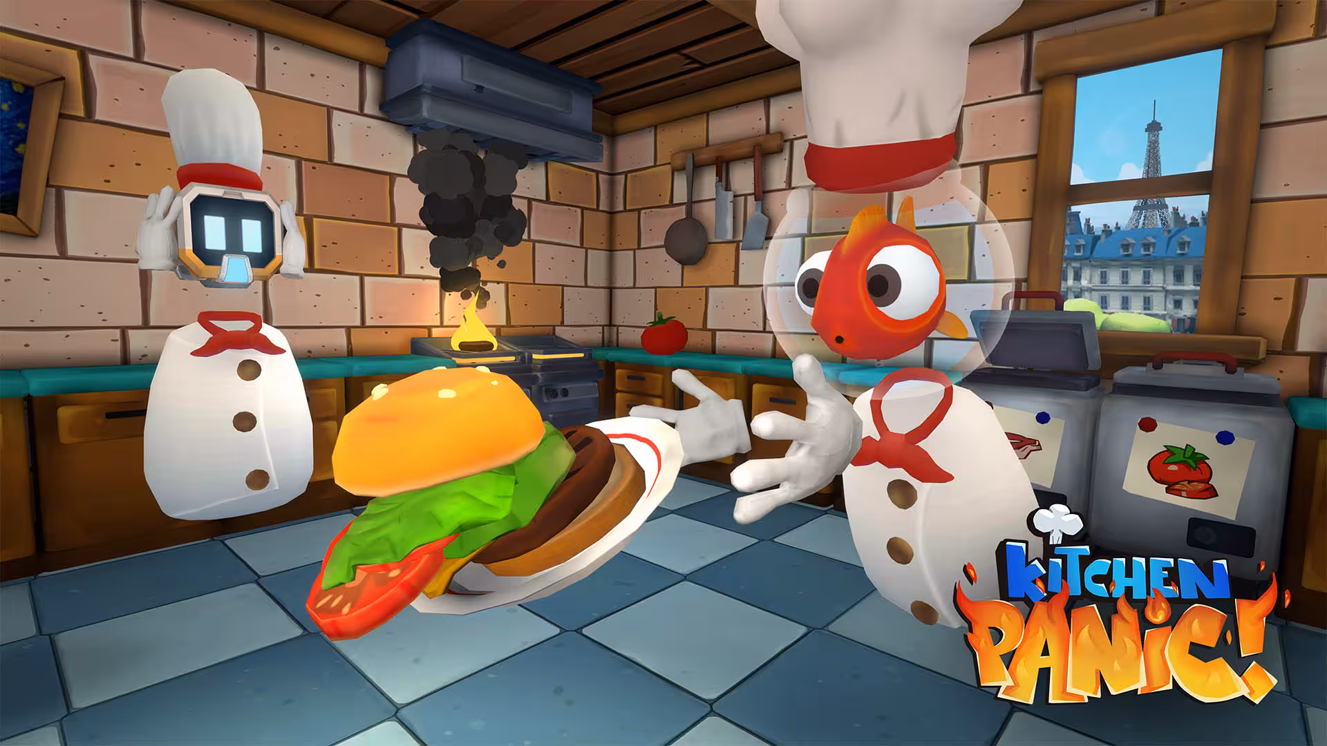 Arena 40 VR team game with chaotic cooking scene, chefs tossing burger in a Paris kitchen challenge