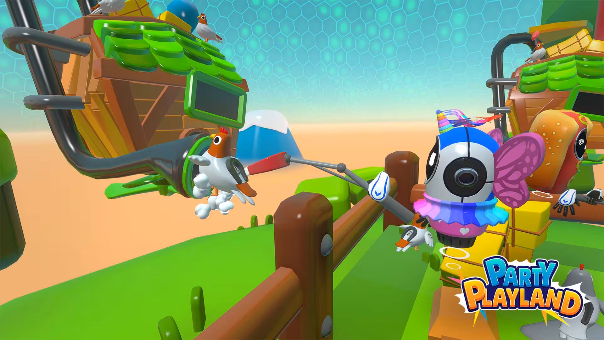 Arena 40 Party Playland VR arena scene with costumed robot avatar lassoing a chicken in colorful play zone
