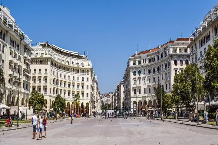 Bustling Aristotelous Square in Thessaloniki, showcasing historic architecture ideal for Greece city explorations.