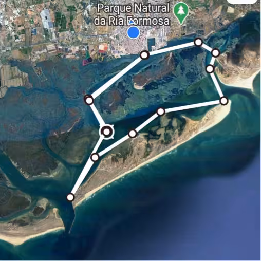 Aerial map highlighting the tour route around Armona, Culatra Islands and Lighthouse in Ria Formosa Natural Park.