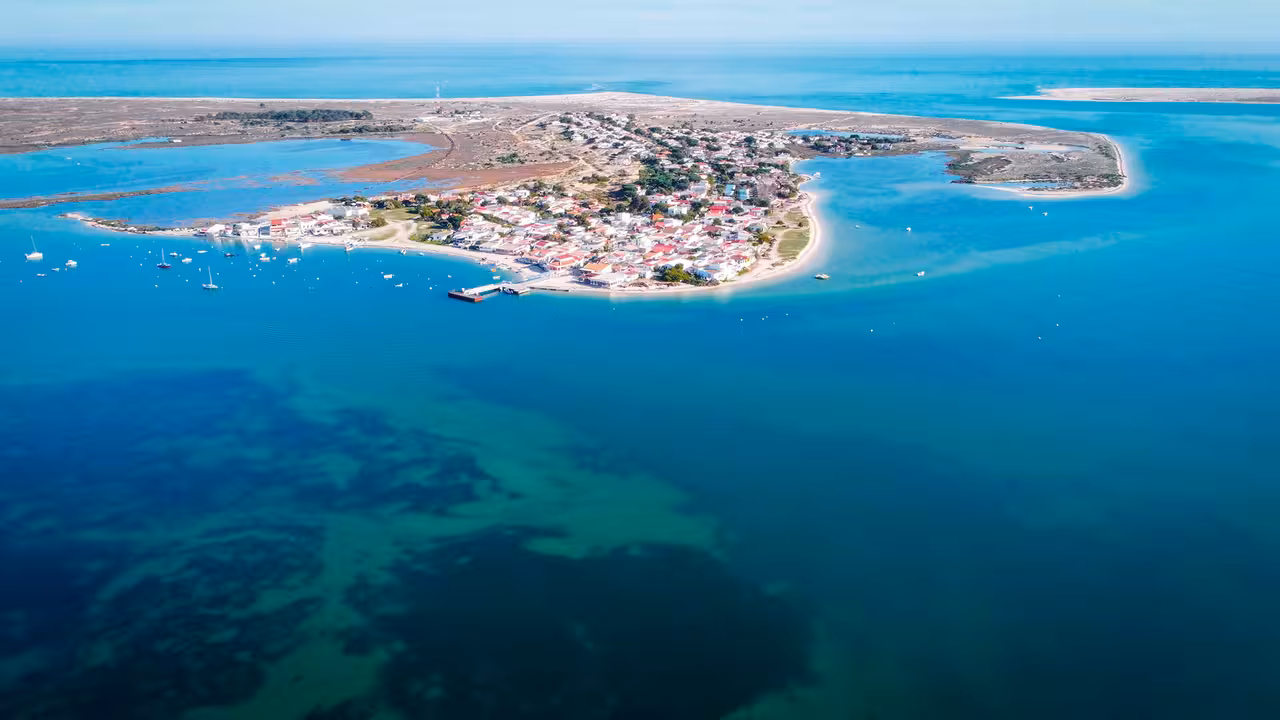 Aerial view of Ilha da Armona in Ria Formosa, Algarve, seen on Armona Route catamaran 1-hour cruise