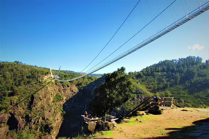A stunning view of the Arouca Suspension Bridge spanning a lush green valley, part of the Paiva Walkways tour experience.