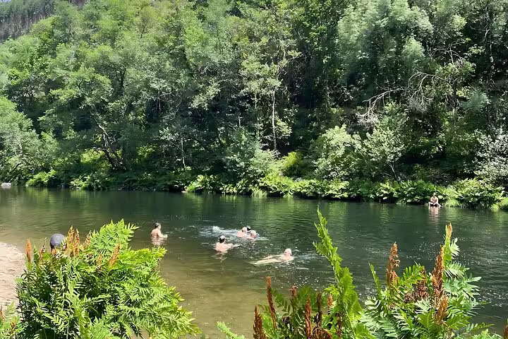Tourists enjoy a refreshing swim in the clear waters surrounded by lush greenery on the Arouca Suspension Bridge tour.
