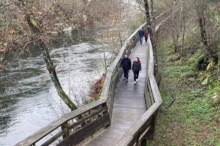 Visitors walk along the scenic Paiva Walkways beside a tranquil river, experiencing nature on the Arouca tour.