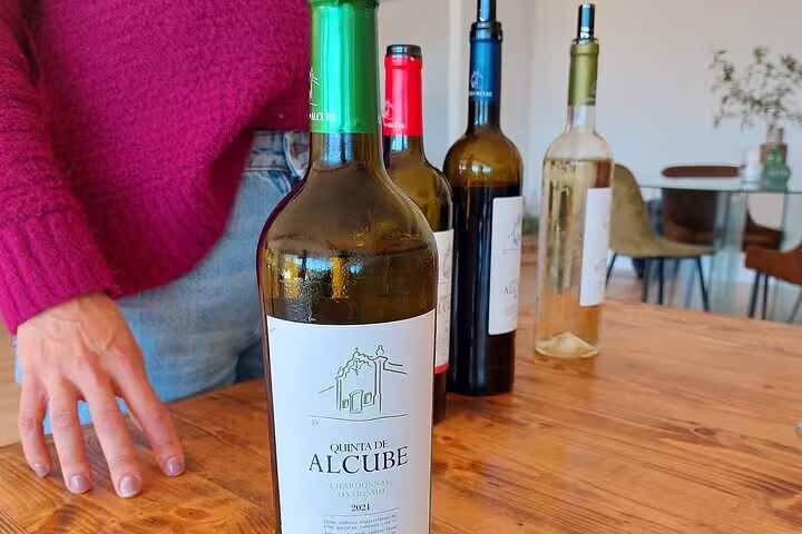 Assorted wines from Quinta de Alcube on a wooden table, featured in Setúbal and Arrábida food and wine tour from Lisbon.