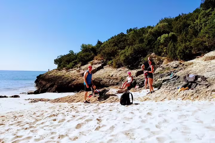 Tourists enjoy a sunny day on a picturesque Arrábida beach, prepping for snorkeling and wine tasting amidst stunning coastal scenery.