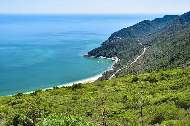 Scenic view of Arrábida Coastline with lush green hills and turquoise waters on a sunny day, perfect for a private tour.