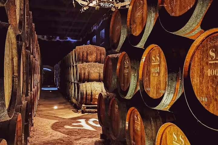 Rows of rustic wine barrels in a dimly lit cellar, perfect for an Arrábida and Sesimbra day trip featuring wine tasting.