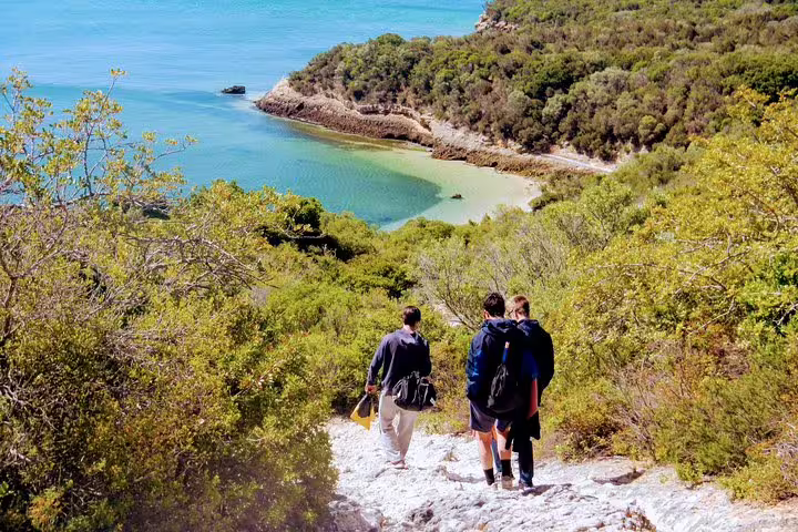 Tourists walking down a scenic trail towards a secluded beach in Arrábida, perfect for snorkeling, with lush greenery and clear blue waters.