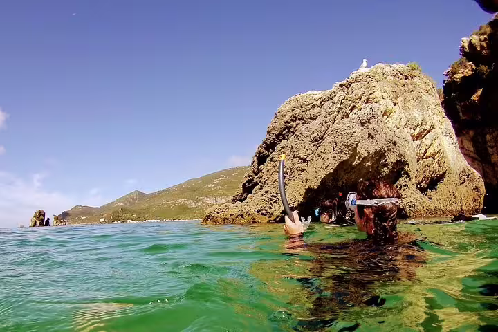 Snorkeler explores crystal-clear waters near rocky cliffs in Arrábida, perfect for adventure seekers on a snorkeling and wine tour.