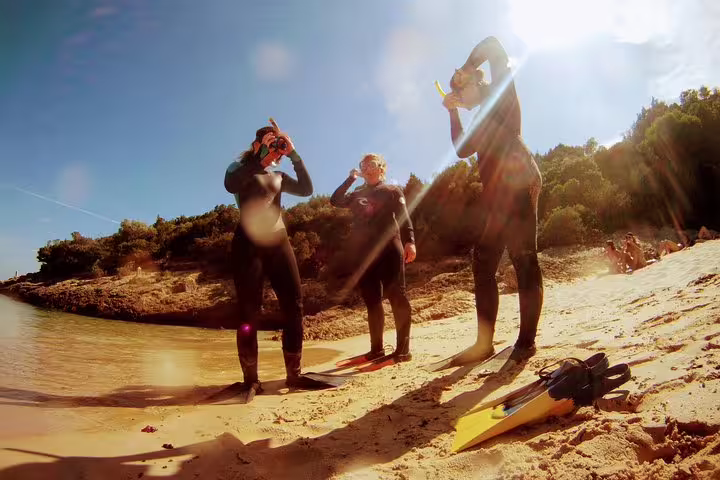 Three people in wetsuits prepare for snorkeling on a sunny beach in Arrábida, surrounded by scenic natural beauty.