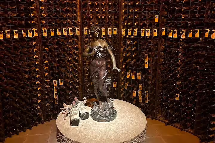 Elegant wine cellar in Arrábida featuring a classic statue and vintage bottles, ideal for wine tasting on Sesimbra day tours.