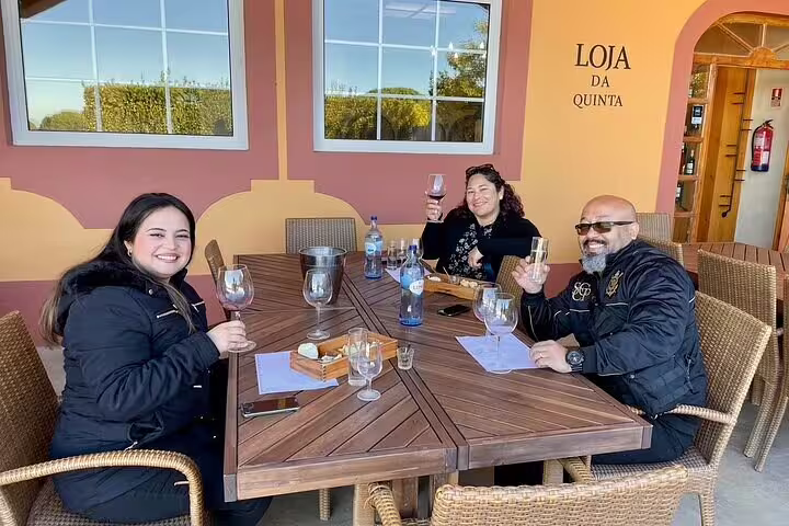 Guests enjoying wine tasting at a charming winery in Setúbal during the Arrábida all-inclusive food and wine tour from Lisbon.