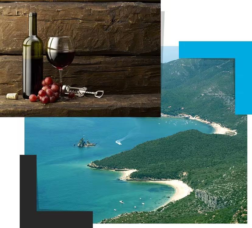 Arrábida coast and red wine still life, private Setúbal wine tour with food tasting and scenic Portugal views