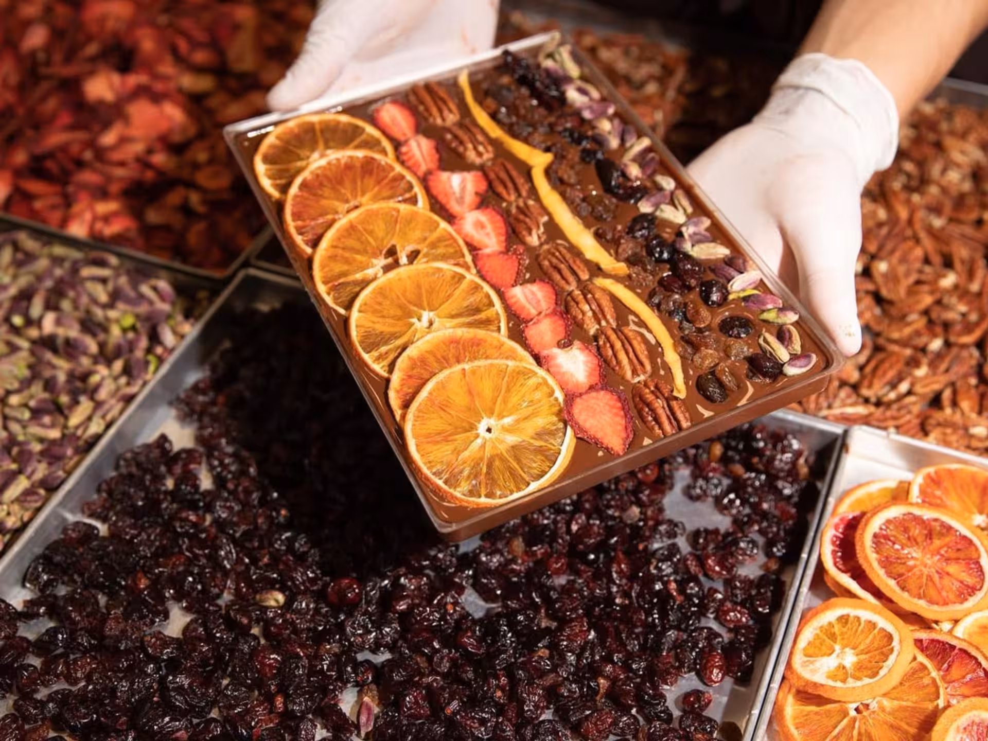 Artisan chocolate bar with dried fruits and nuts at Alessandria chocolate factory tour and tasting.