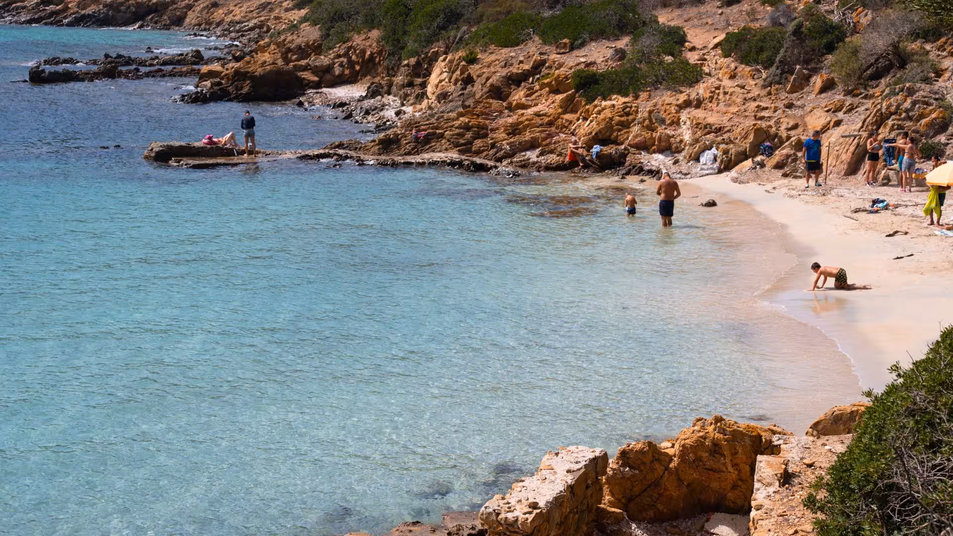 Pristine beach scene on Asinara Island with crystal-clear waters and rocky shoreline, ideal for a relaxing minivan tour.