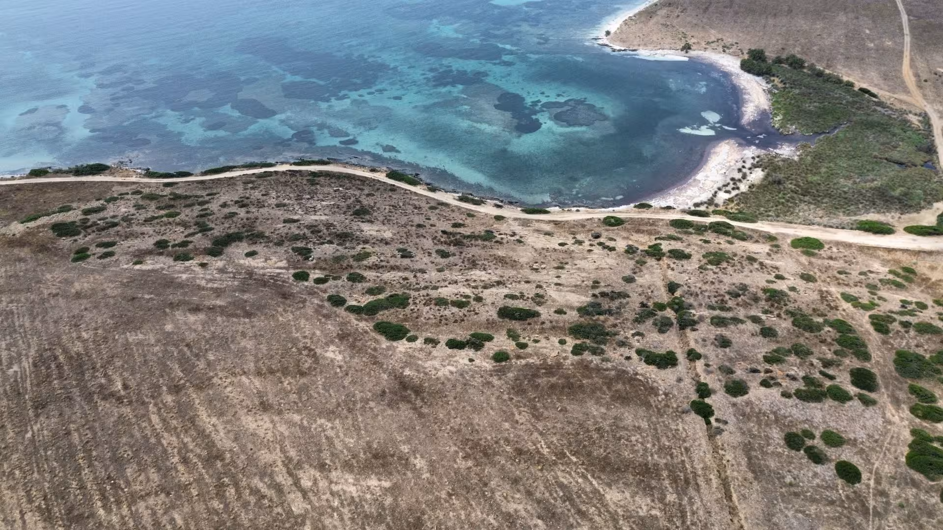 Aerial view of Asinara Island's pristine shorelines and clear waters on a wooden boat excursion from Stintino.