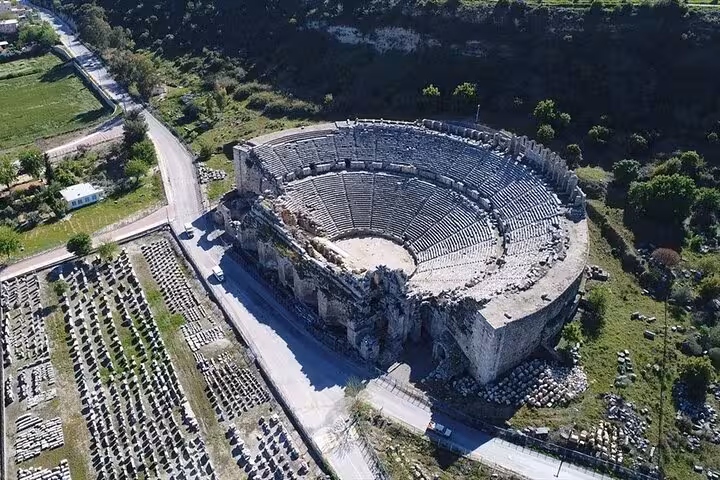 Aerial view of Aspendos Roman Theatre near Antalya on a private Perge Side Manavgat waterfall tour