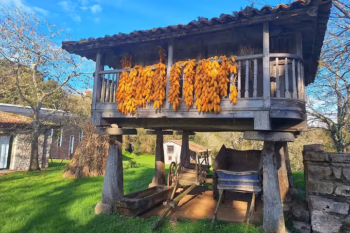 Traditional Asturian hórreo with corn hanging, showcasing rural architecture and lush surroundings.