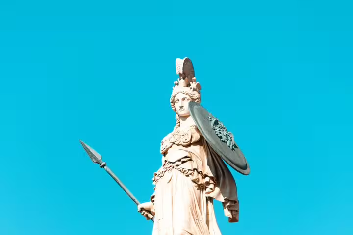 Athena statue with spear and shield in Athens, featured on a private tailor-made Acropolis tour