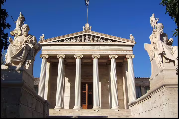 Athens Academy neoclassical building with statues, key landmark on Athens highlights private full-day tour