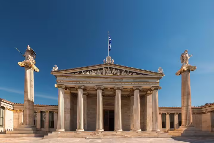 Front view of Athens Academy neoclassical building on a private city tour with Acropolis skip-the-line