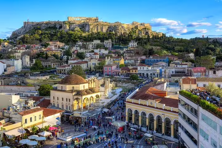 Panoramic view of Athens with the Acropolis above Monastiraki Square, ideal for a private 2-hour city tour