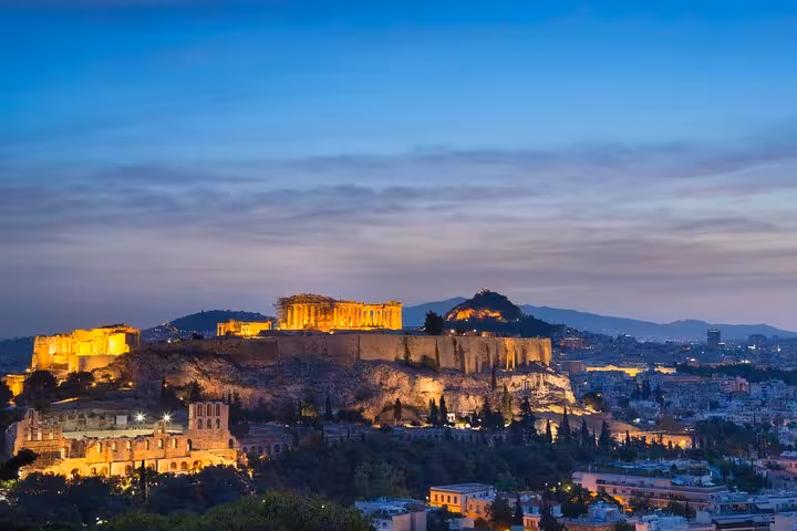 Illuminated Acropolis at dusk in Athens, panoramic small group night tour with Plaka evening stroll