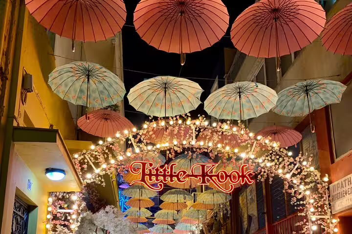 Colorful umbrella street and Little Kook lights in Athens, charming city highlight on a private half-day tour