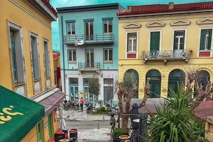 Colorful Athens city street near Plaka, ideal Athens Airport to city center private arrival transfer