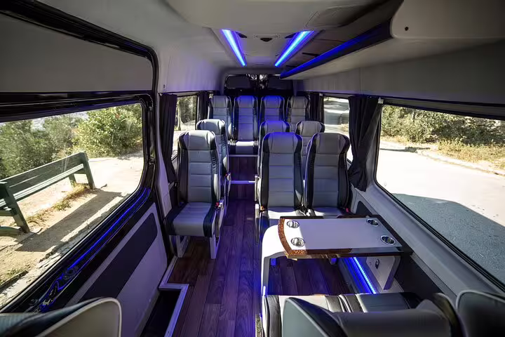 Luxury minibus interior with leather seats for Athens airport to Lavrio port private transfer service