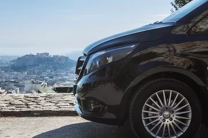 Close-up of premium van for Athens airport to Lavrio port private transfer, ideal for hotel pickup and drop-off