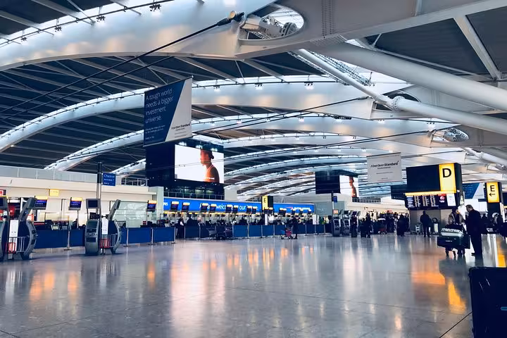 Athens International Airport check-in hall, smooth arrival point for luxury private transfer service to Athens hotels