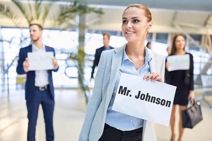 Meet-and-greet driver holding name sign at Athens Airport arrivals for private luxury transfer to Piraeus Port