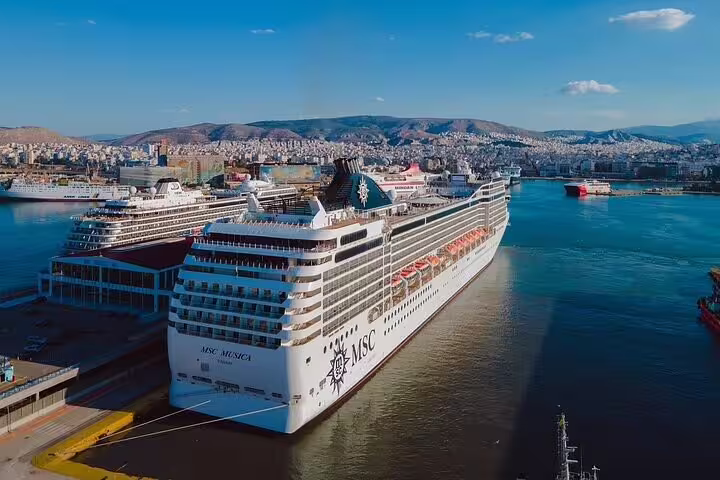 Cruise ships docked at Piraeus Port Athens, ideal drop-off point after Athens Airport private arrival transfer