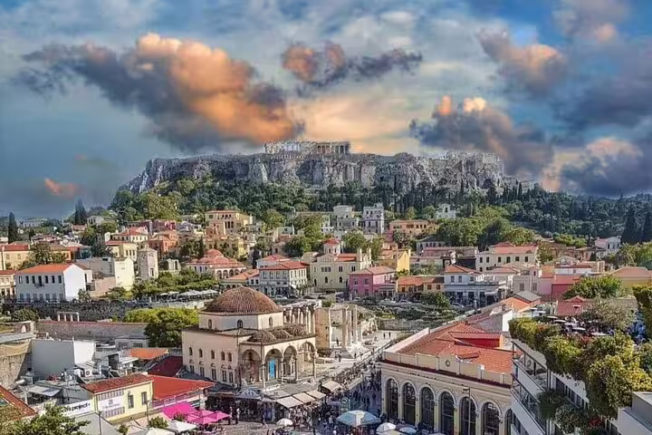Monastiraki and Plaka rooftops with Acropolis backdrop, Athens center to Athens Airport private departure transfer
