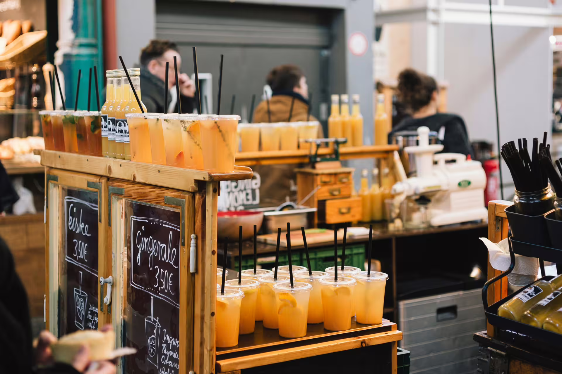Refreshing ginger ale and citrus drinks at an Athens market stop on the Taste of Athens small-group afternoon food tour