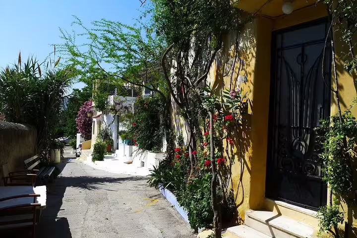 Charming Plaka alley in Athens on a private walking tour, en route to the Acropolis with skip-the-line ticket