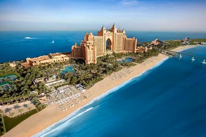 Aerial view of Atlantis The Palm Dubai beside Aquaventure Waterpark and private beach on Palm Jumeirah
