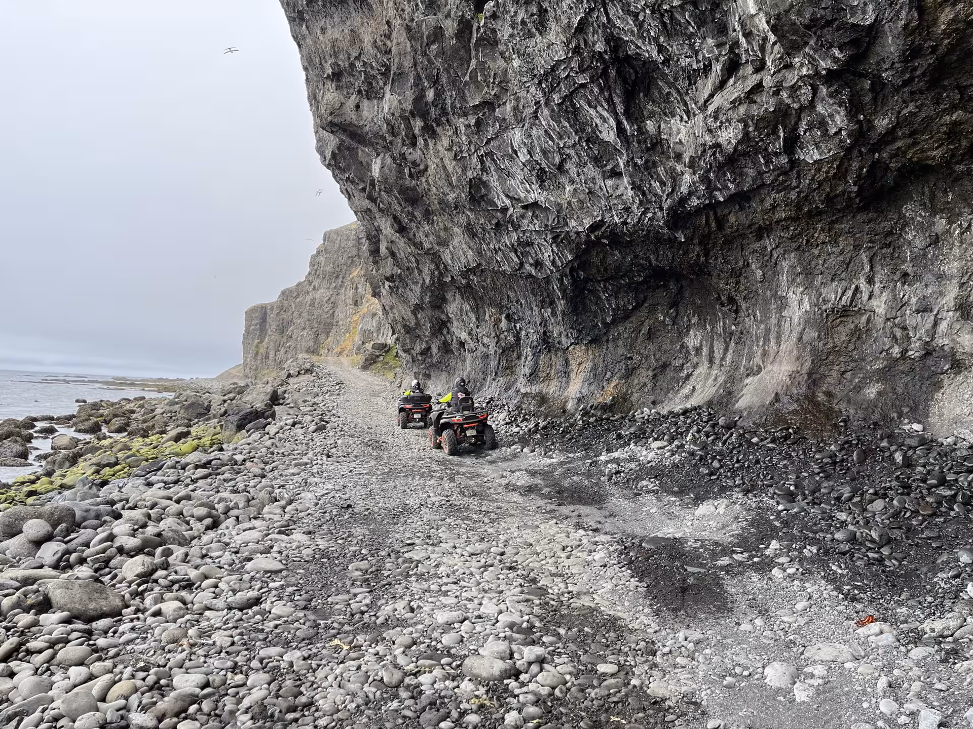 Exciting ATV journey under towering cliffs along the rocky coastline of Svalvogar, showcasing dramatic landscapes.