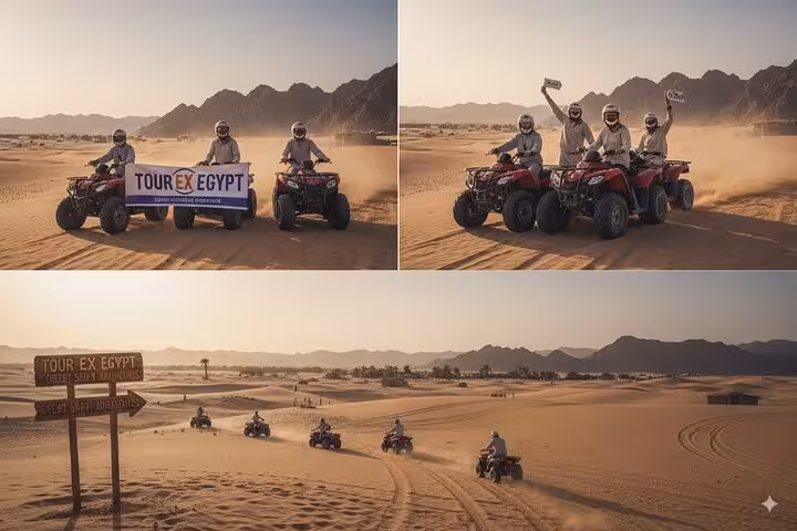 Group ATV quad bike safari in Sharm El Sheikh desert at sunset, riding dunes with Sinai mountains backdrop