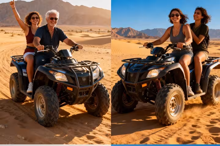 Couples riding ATVs on Sharm El Sheikh desert safari, golden dunes and Sinai mountains at sunset