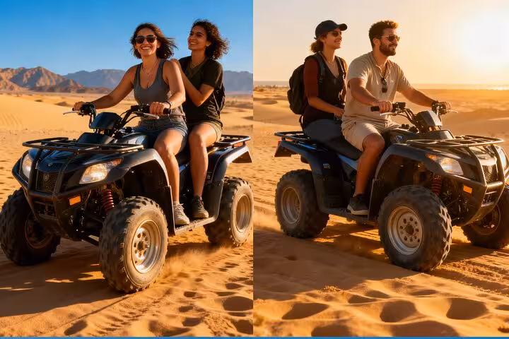 Friends on ATV quad safari in Sharm El Sheikh desert at sunset, part of super safari with camel ride