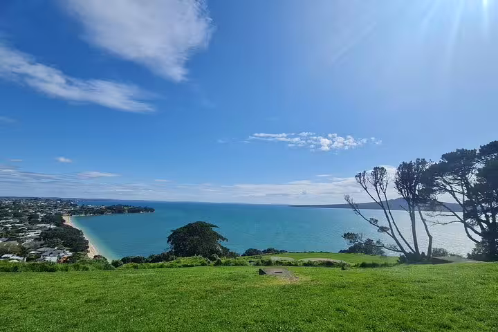 Scenic view of Auckland's coastline with lush greenery and blue ocean under a bright sky, ideal for a half-day tour.