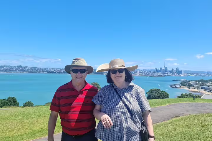 Tourists admiring the breathtaking coastal views of Auckland with the cityscape visible in the distance.