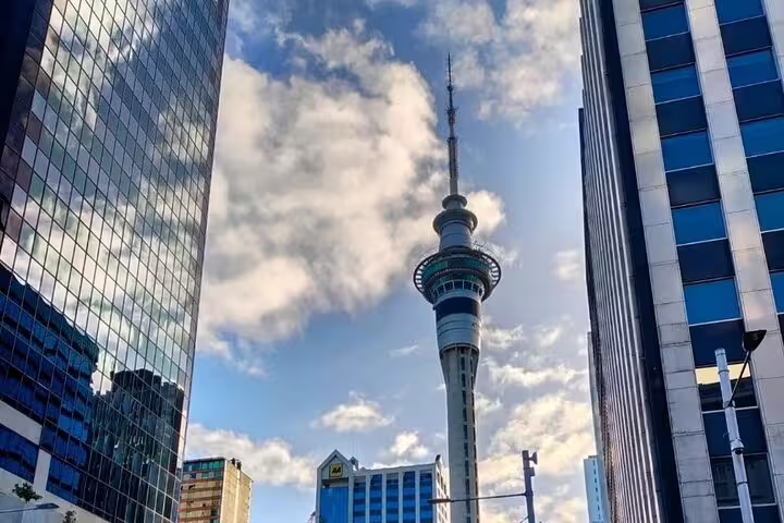 Sky Tower framed by modern skyscrapers under a vibrant sky in Auckland city full-day tour.