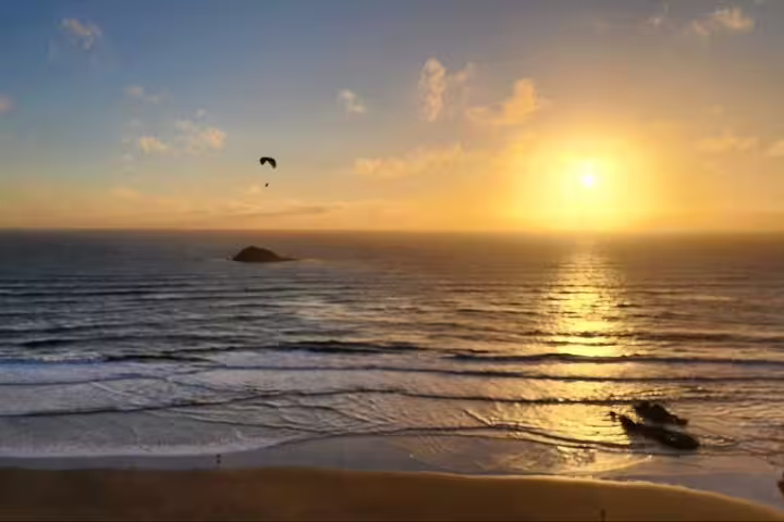 Auckland beach sunset with golden skies reflecting on the ocean, ideal for romantic tours and scenic views.