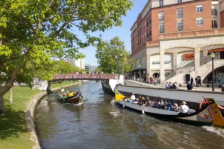 People enjoying a scenic boat ride on Aveiro's picturesque canal, showcasing vibrant surroundings and charming architecture.