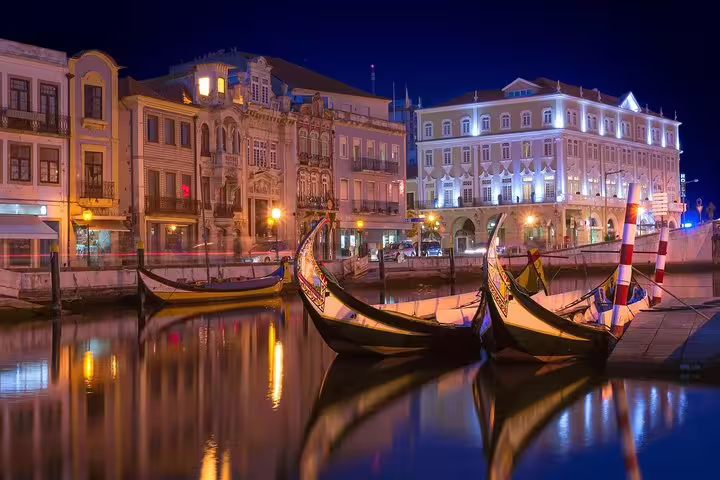 Scenic night view of Aveiro canal with traditional Moliceiro boats and illuminated Art Nouveau architecture on private tour.